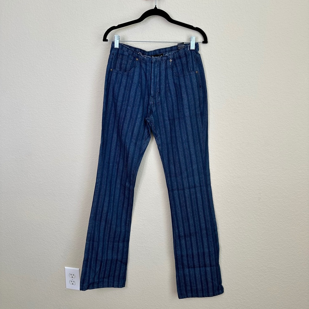 Lioness Blue Pinstripe Raw Edge Straight Leg Denim Pants XS Retro Edgy Indie